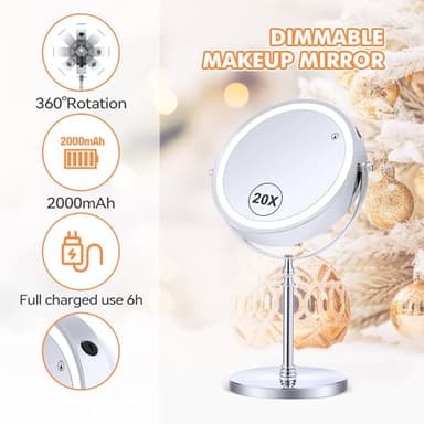 MIYADIVA Lighted Makeup Mirror, 20X Magnifying Mirror with Light, Double Sided Makeup Mirror with 20X/1X Magnification, 360°Rotation, 3 Colors Brightness Adjustable Vanity Mirror with 42 LEDs, 2000mAh - Image 6
