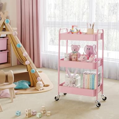 TOOLF 3-Tier Metal Rolling Cart with Wheels, Storage Utility Organizer Cart for Kitchen, Bathroom, Office, Baby Essentials & Makeup - Lockable Casters, Easy Assembly, Large Capacity, Pink - Image 6