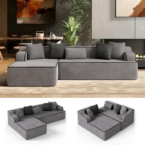 HERA'S HOUSE 104" Sofa with Chaise, L-Shaped Modern Modular Cloud Couch, Plush Deep Seating with 5 Pillows, No Assembly Required Corduroy Fabric Upholstered Living Room Furniture for Apartments, Homes - Image 1
