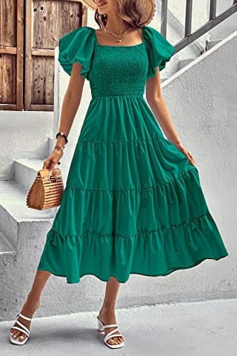PRETTYGARDEN Women's Casual Summer Midi Dress Puffy Short Sleeve Square Neck Smocked Tiered Ruffle Dresses (Dark Green,Small) - Image 6