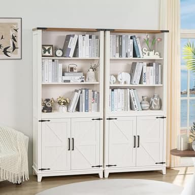 Joaxswe 5 Tier Bookshelf 70in Tall Bookcase with Barn Doors and Storage Cabinet, White Farmhouse Book Shelf with Adjustable Shelves, Wood Freestanding Display Bookshelves for Bedroom, Living Room - Image 3