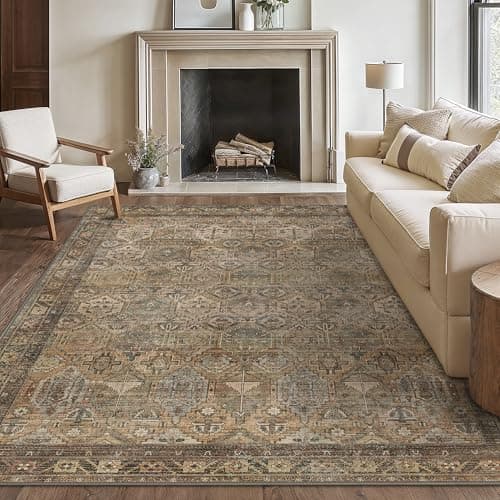 Bavni Washable Rug 9x12 Area Rug for Living Room Bedroom Dining, Washable Vintage Print Carpet, Ultra-Thin Chenille Low Pile Lightweight Rug with Non Slip Backing, Warm Taupe - Image 1