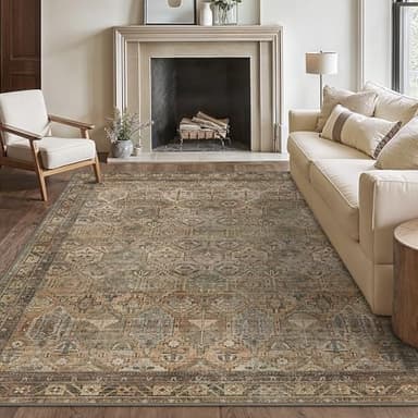 Bavni Washable Rug 9x12 Area Rug for Living Room Bedroom Dining, Washable Vintage Print Carpet, Ultra-Thin Chenille Low Pile Lightweight Rug with Non Slip Backing, Warm Taupe - Image 1