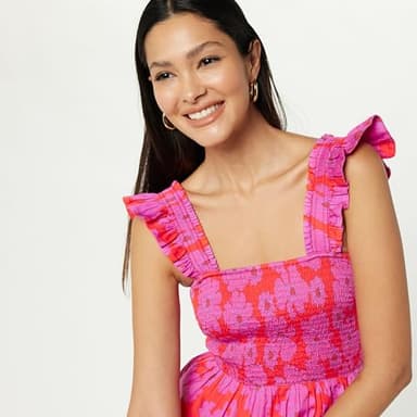 The Drop Women's Kari Ruffled-Shoulder Smocked Mini Dress Tomato Red/Pink Retro Floral Print, S - Image 3