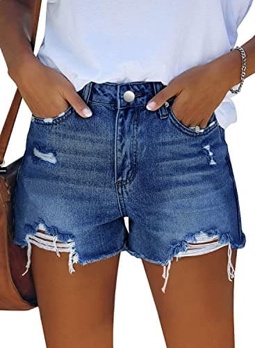 CHICZONE Ripped Jean Shorts Womens Mid High Rise Stretchy Casual Denim Shorts Frayed Raw Hem Navy Blue M - Image 2