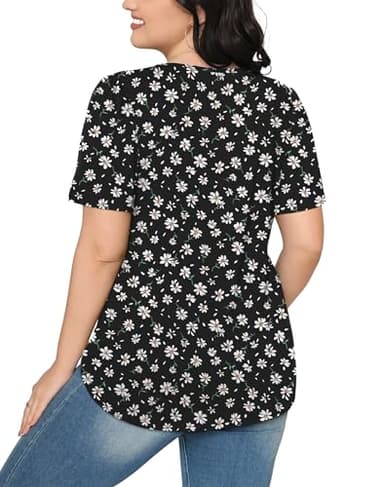 Womens Summer Tops Short Sleeve Shirts Floral Pleated Front Dressy Casual Blouses Fashion Outfits Black L - Image 5