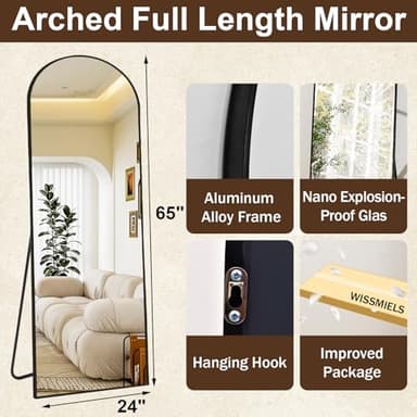 WISSMIELS 65" x 24"Arched Full Length Mirror - Wall Mounted Floor Mirror- Aluminum Alloy Frame Full Body Mirror for Bathroom Living Room Bedroom and Entryway Black - Image 5