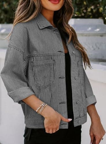 Sidefeel Women's Jean Jackets Casual Long Sleeve 2025 Spring Outfits Zimbaplatinum Denim Jacket Blue Stripe X-Large - Image 3