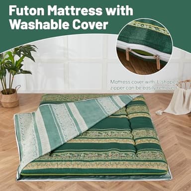 Zelladorra Japanese Floor Mattress, Futon Mattress with Portable Storage Bag and Washable Cover, Roll Up Thick Tatami Mat Suitable for Camping, Guest Room (Bohemian Green, Twin) - Image 4