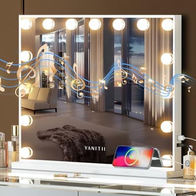 VANITII Vanity Hollywood Mirror with Lights Speaker USB Charging Lighted Makeup Mirror with Bulbs 3 Lighting Modes and Desktop Light up Mirror for Bedroom Dressing Room - Image 1