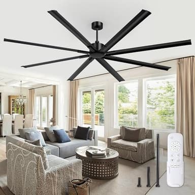ZMISHIBO 96 Inch Industrial DC Motor Ceiling Fan, Large Ceiling Fan with 8 Reversible Blades, 3 Downrods, 6-Speed Remote Control, Home or Commercial Ceiling Fans for Porch/Garage/Shop, Black - Image 1