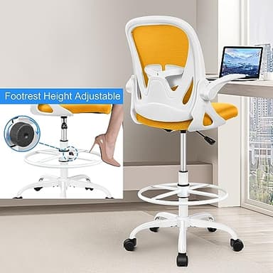 Primy Drafting Chair Tall Office Chair with Flip-up Armrests Executive Ergonomic Computer Standing Desk Chair with Lumbar Support and Adjustable Footrest Ring（Mustard） - Image 4