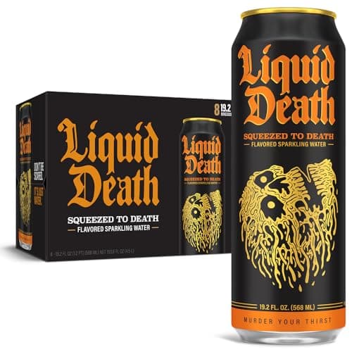 Liquid Death, Squeezed to Death, Orange-Flavored Sparkling Water, 8-Pack (19.2oz Cans), Low Calorie & No Artificial Sweeteners - Image 1