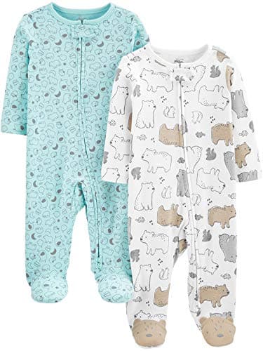 Simple Joys by Carter's Baby Neutral 2-Pack Cotton Footed Sleep and Play, Aqua Blue Forest Animals/White Bear, 6-9 Months - Image 1