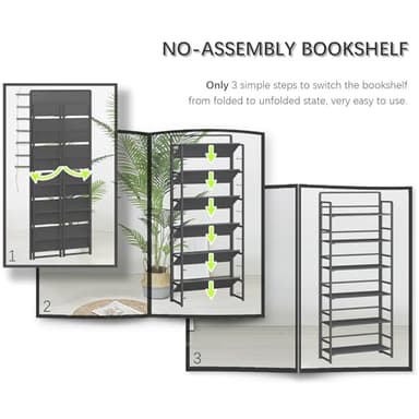 4NM No Assembly 6 Tiers Folding Bookshelf Storage Shelves Vintage Bookcase Standing Racks Study Organizer Home Office (All Black) - Image 6