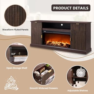IFGET Modern Fluted Fireplace TV Stand with 36" Electric Fireplace for 80 Inch TV, 31" Tall Entertainment Center with 2 Drawers and Adjustable Shelves, Wood Media Console for Living Room, Brown - Image 6