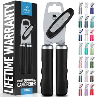 Zulay Kitchen Heavy Duty Stainless Steel Can Opener Manual with Bottle Opener - Rust Proof Manual Can Opener With Turn Knob & Comfy Soft Grip Handles - Black - Image 1