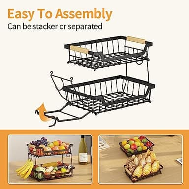 GILLAS 2 Tier Countertop Fruit Basket with 2 Banana Hangers for Kitchen, Detachable Metal Organizer for Bread Vegetable Fruits with Wooden Handle, Large Capacity Rectangular Storage Stand Bowls, Black - Image 5