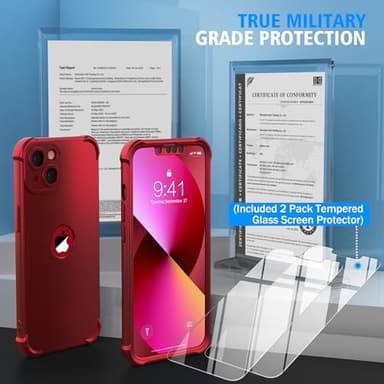 ORETECH for iPhone 13 Case, with [2 Screen Protectors] [15 Ft Military Grade Drop Test] [Camera Protection] 360° Full Body Shockproof Slim Thin Phone Case iPhone 13 Cover 6.1"- Red - Image 3