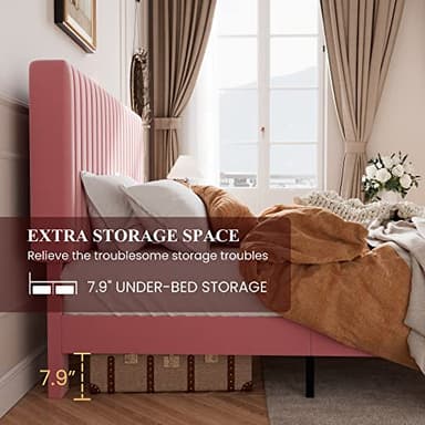 SHA CERLIN Queen Upholstered Platform Bed Frame with Adjustable Headboard/Vertical Channel Tufted Velvet Fabric/Wooden Slats Support/Mattress Foundation/Box Spring Optional/Pink - Image 4