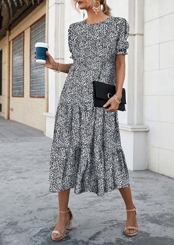 PRETTYGARDEN Summer Dresses for Women 2025 Casual Floral Boho Midi Sun Dress Puff Short Sleeve Flowy Beach Vacation Sundress (Black/White,Large) - Image 7