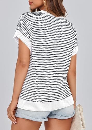 PRETTYGARDEN Womens Short Sleeve Sweater Spring Summer 2025 Round Neck Striped Pullover Cap Sleeve Knit Sweater Vest Tops(Striped White Navy,Small) - Image 2