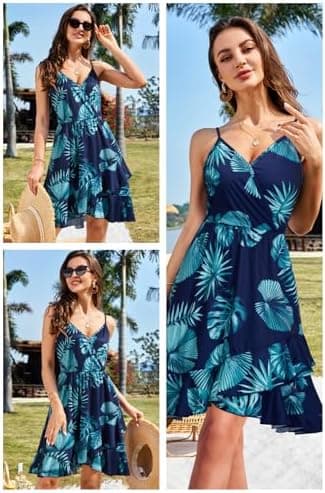 ULTRANICE Womens Summer Dresses Floral V Neck Ruffled Hem Spaghetti Spring Casual Beach Outfits Flowy Wrap Sun Dress - Image 4
