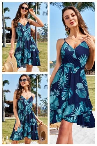 ULTRANICE Womens Summer Dresses 2025 Sundresses Casual Spring Trendy Flowy Wrap Midi Beach Wedding Guest Vacation Outfits Clothes V Neck Spaghetti Strap Dress(Blue Blue Green Floral,S) - Image 2