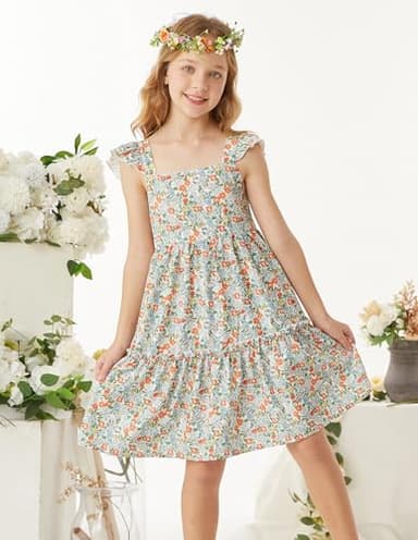 GRACE KARIN Girls Spring Dress Tie Back Flutter Sleeve Dress Green Floral 7Y - Image 2