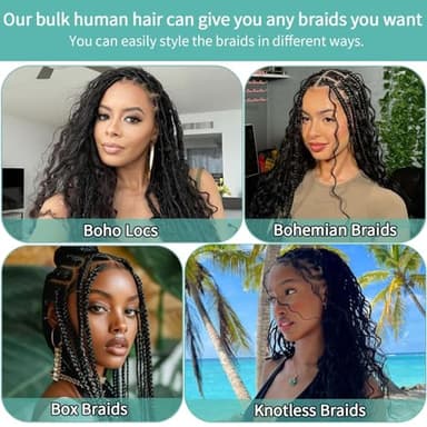 Human Braiding Hair for Boho Braids Human 110g 20 Inch Curly Boho Hair for Braiding Knotless 12A Deep Wave Bulk Bohemian 3 Bundles/Pack Natural Color - Image 4