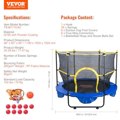 VEVOR 5FT Trampoline for Kids, 60" Indoor Outdoor Trampolines with Safety Enclosure Net, Basketball Hoop and Ocean Balls, Mini Toddler Recreational Birthday Gifts for 3+ Years Kids - Image 7
