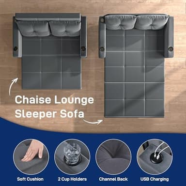3 in 1 Pull Out Couch, 56 Inch Velvet Sofa Bed, Convertible Loveseat Sleeper Sofa for Living Room, Small Space, Upholstered Couch Bed with USB, Cup Holder(Grey - Image 6