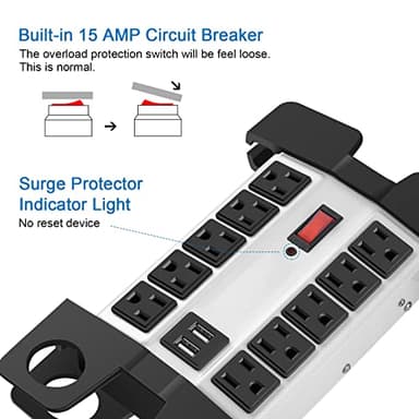 CCCEI Heavy Duty Power Strip with USB Ports, Garage 10 Outlets Surge Protector 2700 Joules, Industrial Workshop Metal 15Amp Multiple Outlets, 10 FT Extension Cord and Wide Spaced Grey. - Image 4