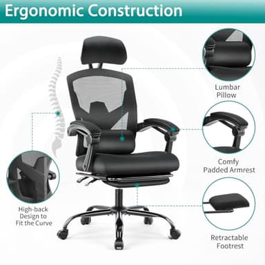 DUMOS Home Office Desk Chair with Footrest, High-Back Mesh Rolling Swivel Reclining Chairs with Wheels, Comfortable Headrest, Lumbar Support, Comfy Arms for Home, Office, Gaming, Student, Black - Image 4