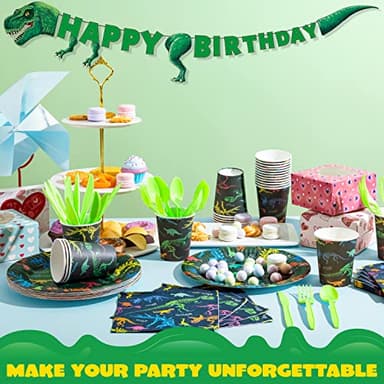 JOYIN 145 Piece Dinosaur Birthday Party Supplies with Trex Banner, 24 Serves dinosaur Disposable Tableware Set with Plates, Cups, Napkins, and Cutlery Sets for Dinosaur Themes Party Kids Years - Image 4