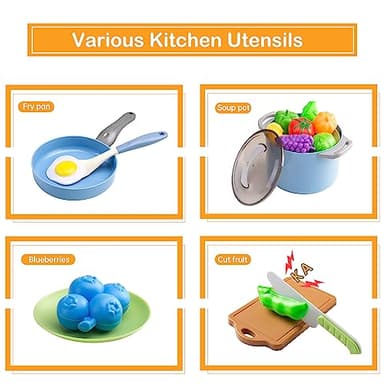 35Pcs Kids Kitchen Toy Accessories, Toddler Pretend Cooking Playset with Play Pots, Pans, Utensils, Cookware, Play Food Set, Toy Vegetables, Learning Gift for Girls & Boys (Blue) - Image 4