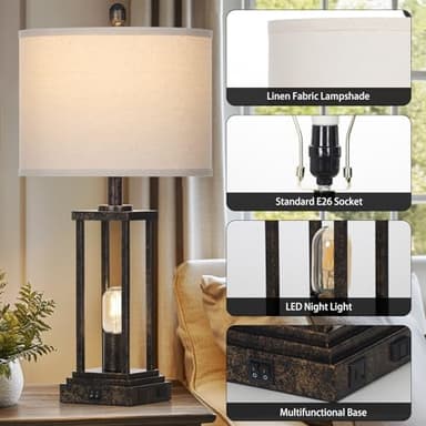 27" Tall Farmhouse Table Lamps with Night Light, Bronze Industrial End Table Lamp for Living Room, Rustic Bedside Lamps Set Of 2 with USB C+A Ports & AC Outlet, Vintage Bedroom Lamp for Nightstand - Image 5
