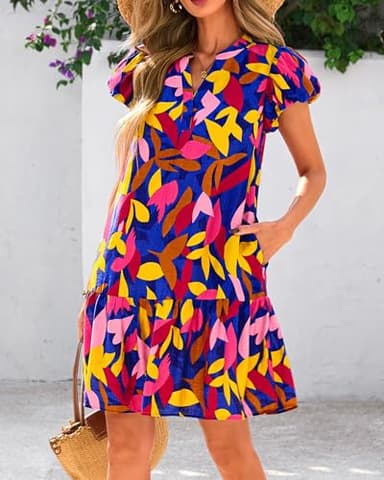 dowerme Womens Summer Dresses 2025 Puffy Sleeve V Neck Loose Floral Print A Line Boho Mini Babydoll Dress with Pockets(Blue Floral,Medium) - Image 4