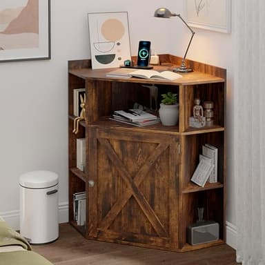 Corner Cabinet, Corner Storage Shelf with USB Ports and Outlets Industrial Organizer for Small Space Wooden 6-Cubby Bookshelf for Study, Playroom, Living Room (Amber Pine) - Image 5