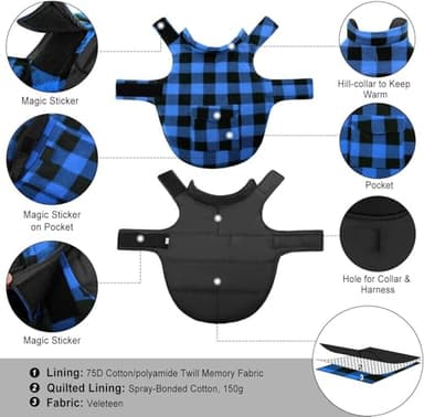 ASENKU Dog Winter Coat, Fleece Doggie Jacket Plaid Reversible Vest Waterproof Windproof Cold Weather Clothes for Small Medium Large Dogs (XXL, Blue) - Image 2