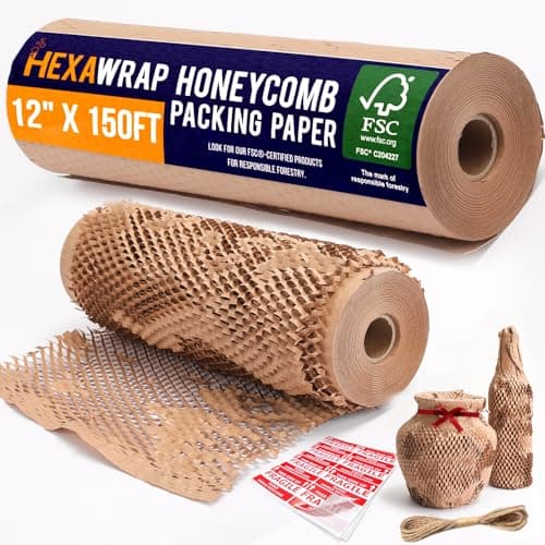 Honeycomb Packing Paper 12" x 150ft with Rope & 20 Fragile Stickers|Shipping & Moving Supplies|Small Business Packaging Supplies|Eco Friendly Bubble Wrap Packing Boxes for Moving Certified FSC C204227 - Image 1