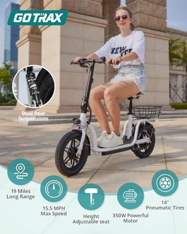 Gotrax Astro Electric Scooter with Seat, 14" Pneumatic Tire and 19 Miles Range&15.5Mph Power by 350W Motor, Comfortable Rear Dual Shock Absorption&Wider Seat, EBike with Carry Basket for Adult White - Image 2