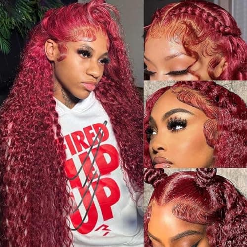 UTracycoy 99j Burgundy Wig Human Hair 13x6 Deep Wave Lace Front Wigs Human Hair 180 Density Red Colored Wigs Human Hair for Black Women Burgundy Deep Curly Lace Frontal Wigs (30 Inch) - Image 1