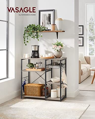 VASAGLE ALINRU Kitchen Baker’s Rack, Coffee Bar, Microwave Oven Stand, with Steel Frame, Wire Basket, 6 Hooks, for Mini Oven, Spices Utensils, Industrial, Greige and Black UKKS090B02 - Image 2