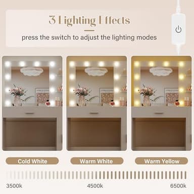 JUMMICO 35.4" Vanity Desk with LED Mirror & Power Outlet, Makeup Vanity Table with 3 Open Storage Shelves, Drawers and Cabinet, 3 Model Adjustable Lights for Bedroom & Dressing Room (White) - Image 4