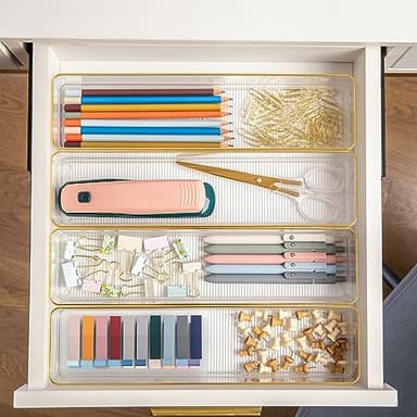 Martha Stewart Kerry Plastic Stackable Office Desk Drawer Organizers, 9" x 3", 8 Pack, with Gold Trim - Image 5