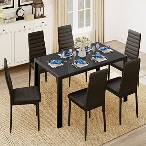 Gizoon Glass Dining Table Sets for 6, 7 Piece Kitchen Table and Chairs Set for 6 Person, PU Leather Modern Dining Room Sets for Home, Kitchen, Living Room - Image 1