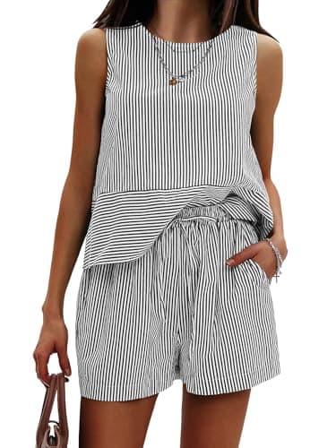 EXLURA Women's Summer 2 Piece Outfits Sleeveless Tank Top Matching Shorts Sets Cotton Striped Sweatsuits Vacation Beach 2025 - Image 1