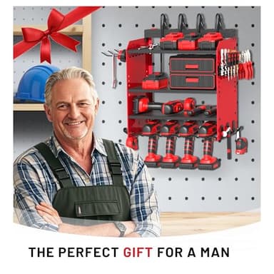 Power Tool Organizer Wall Mount with Charging Station, Garage 4 Drill Storage Shelf with Cordless Tool Holder, Heavy Duty Rack with 8 Outlet Power Strips and Hooks, Gift for Men, Husband (4 Layer) - Image 2