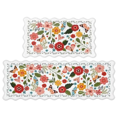 Arenarug Scalloped Kitchen Mats for Floor 2PC Cushioned Anti Fatigue Kitchen Mats Rugs Waterproof Non Slip Farmhouse Boho Floral Comfort Foam Standing Mat for Sink Laundry, White - Image 8